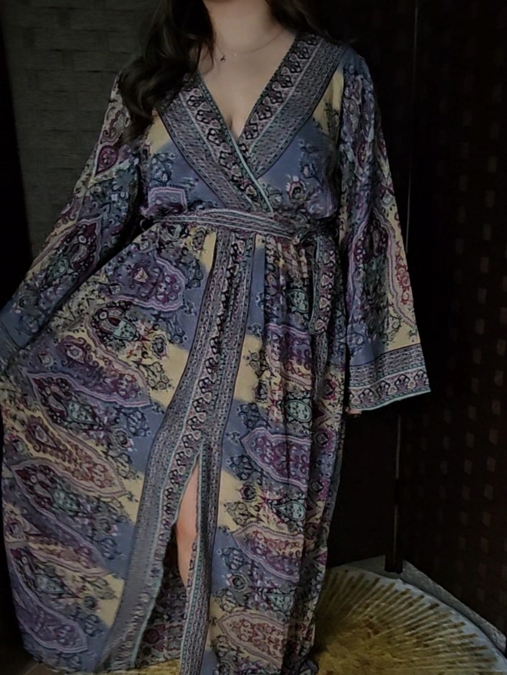EARTHBOUND Paisley Wrap Robe in Purple & Cream